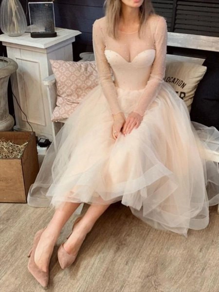 Дамска рокля с тюл и перли в два цвята