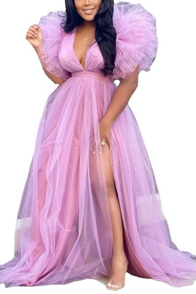 Дамска рокля от тюл с цепка и дълбоко деколте - големи размери