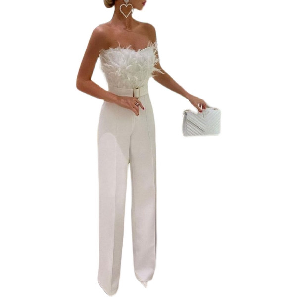 Κομψή γυναικεία φόρμα μπουστάκι με φτερά και μακρύ παντελόνι