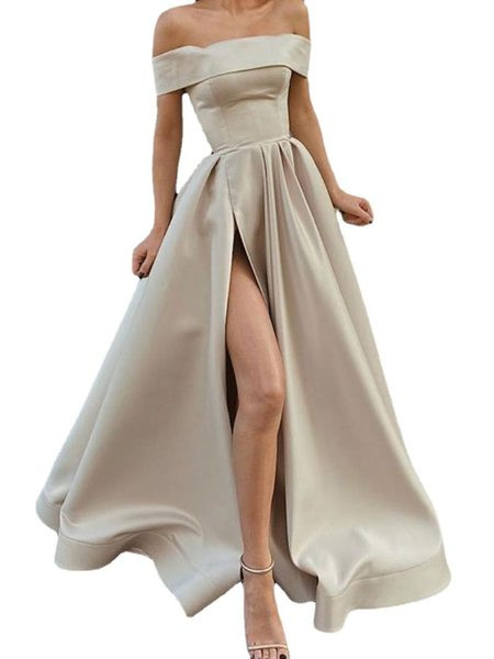 Дълга дамска рокля с цепка и голи рамене - три цвята