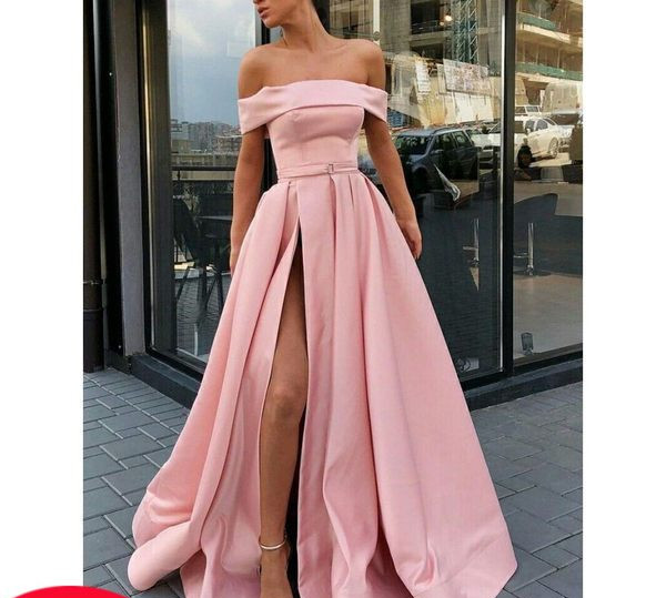 Дълга дамска рокля с цепка и голи рамене - три цвята