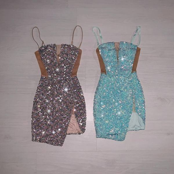 Стилна дамска рокля с пайети - асиметричен модел