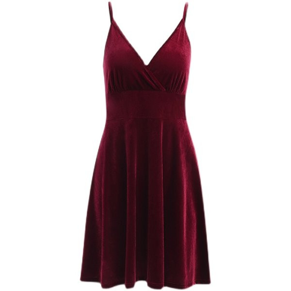 Дамска велурена рокля с дълбоко деколте и тънки презрамки в бордо цвят 