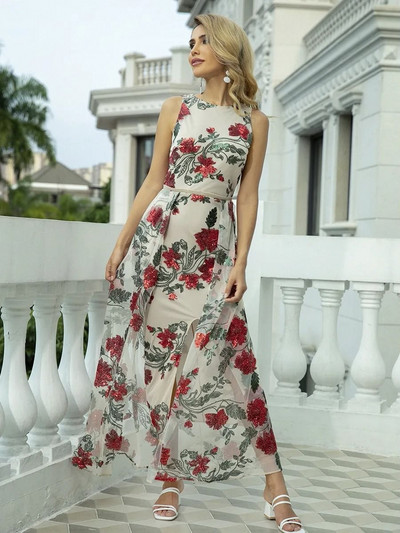 Rochie lunga de dama cu model floral si decolteu oval