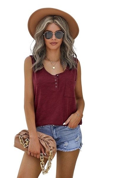 Igapäevane naiste topp nööpide ja ümara kaelusega