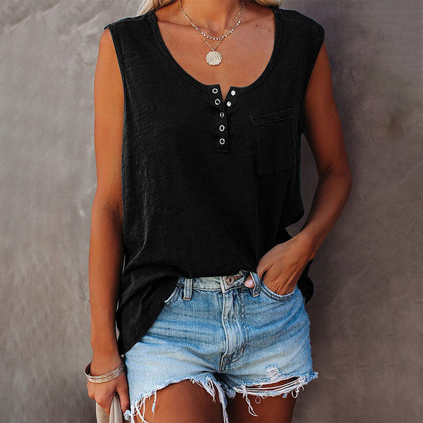 Igapäevane naiste topp nööpide ja ümara kaelusega