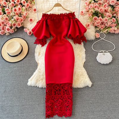 Stylish women`s dress with puff sleeves and lace
