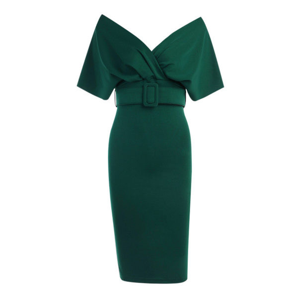 Дамска рокля с голи рамене и колан на талията