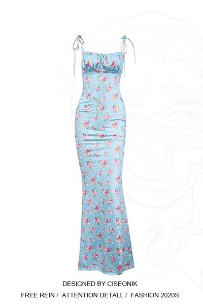 Дамска рокля с флорален десен  и тънки  презрамки