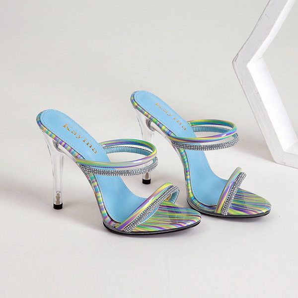 Γυναικείες παντόφλες με ψηλό λεπτό τακούνι 11 cm και διακοσμητικές πέτρες