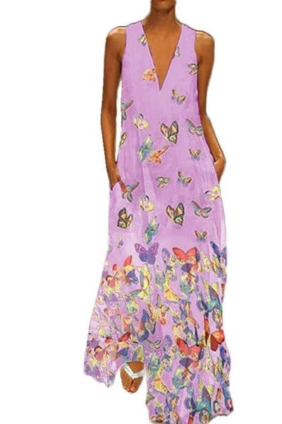 Hosszú női ruha spitz nyakkivágással és virágmintával