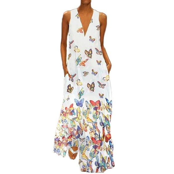 Hosszú női ruha spitz nyakkivágással és virágmintával