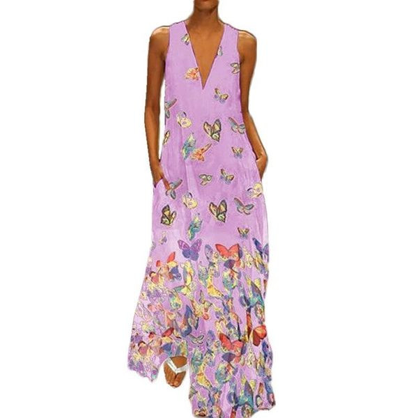 Hosszú női ruha spitz nyakkivágással és virágmintával