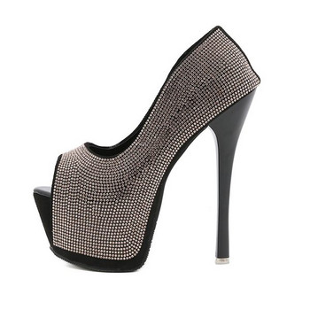 Дамски модерни отворени обувки с висок ток 15.5см и декоративни камъни