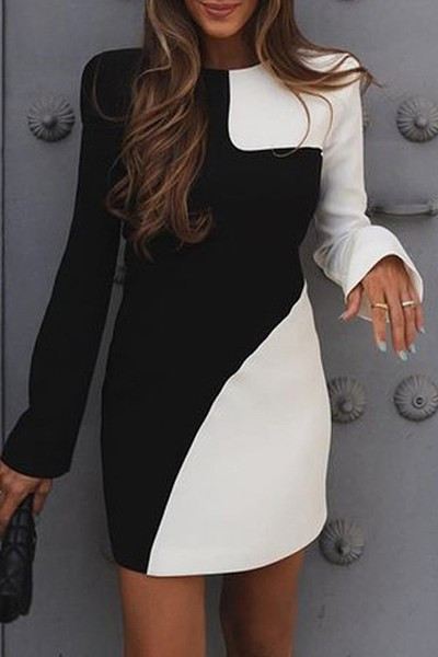 Elegáns női ruha kerek nyakkivágással, fekete-fehér színben