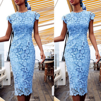 Γυναικείο μοντέρνο φόρεμα με δαντέλα σε μπλε χρώμα