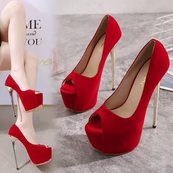 Дамски обувки на висок тънък ток в черен и червен цвят 