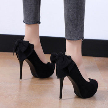 Стилни дамски обувки на висок 12см ток от еко велур с панделка