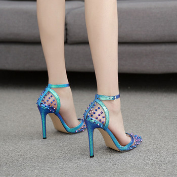Дамски обувки с висок тънък ток 11.5 см и метални нитове