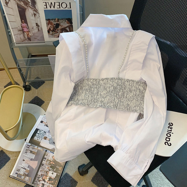 Női formális ing gyöngyökkel és gombos rögzítéssel