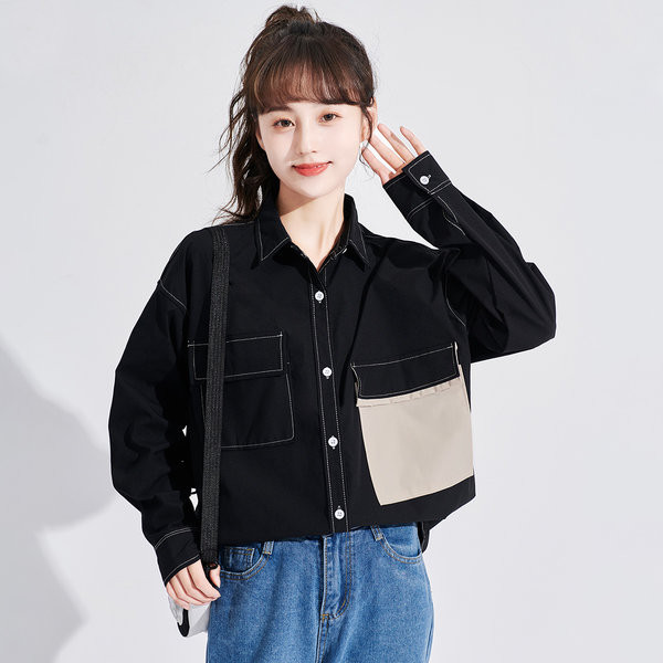 Naiste särk musta värvi suure taskuga