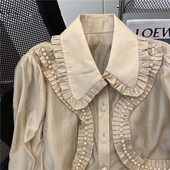 Γυναικείο πουκάμισο σε στυλ ρετρό με βολάν και πέρλες