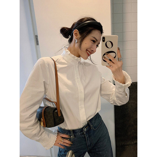 Ženska moderna košulja s visokim ovratnikom i uvojcima