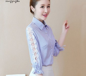 Ριγέ γυναικείο πουκάμισο με κορδόνια στα μανίκια