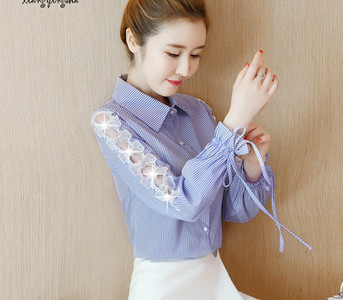 Ριγέ γυναικείο πουκάμισο με κορδόνια στα μανίκια