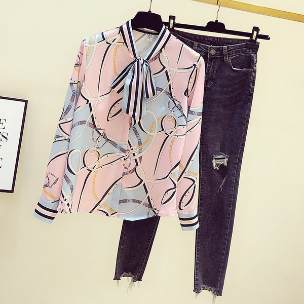 Novi model ženske košulje od šifona sa okruglim izrezom i vezicama