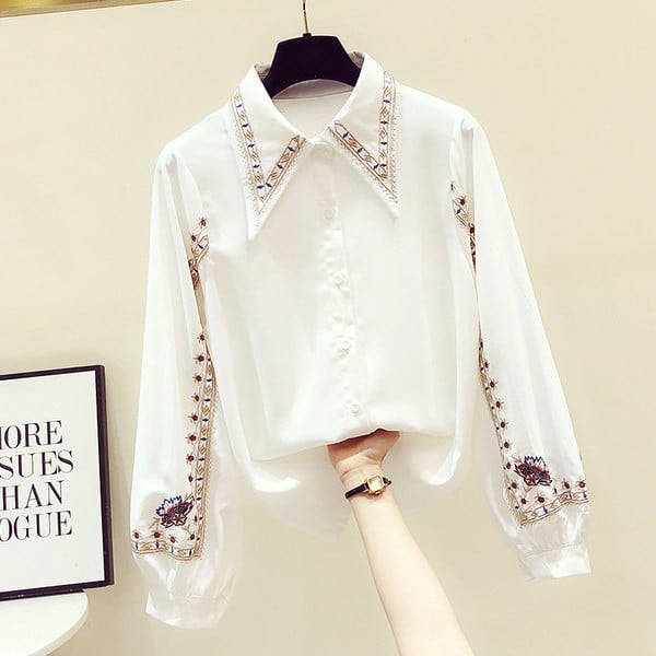 Moteriški balti šifoniniai marškiniai su spalvotu siuvinėjimu