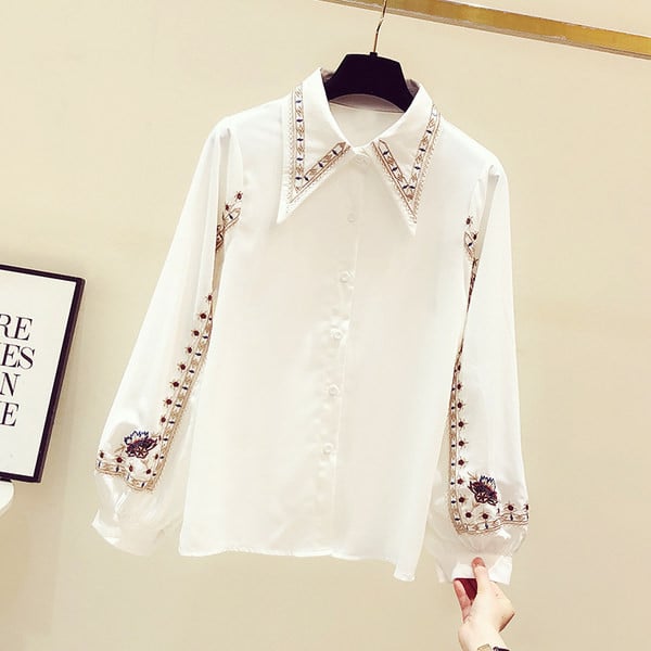 Moteriški balti šifoniniai marškiniai su spalvotu siuvinėjimu