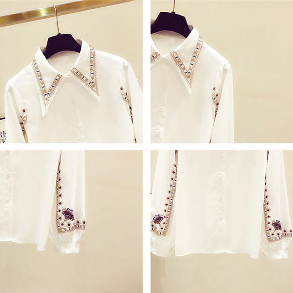 Moteriški balti šifoniniai marškiniai su spalvotu siuvinėjimu