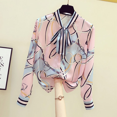 Ženska košulja s dugim rukavima, visokim ovratnikom i trakom