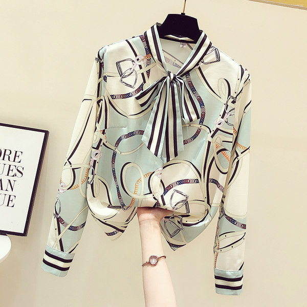 Ženska košulja s dugim rukavima, visokim ovratnikom i trakom