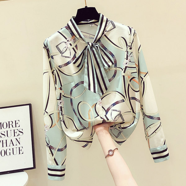 Ženska košulja s dugim rukavima, visokim ovratnikom i trakom