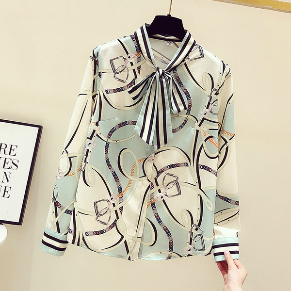 Ženska košulja s dugim rukavima, visokim ovratnikom i trakom