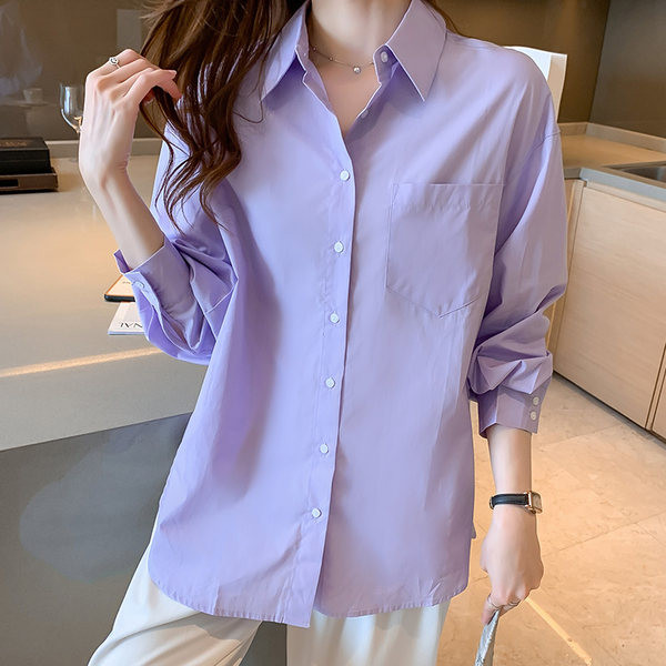 Μονόχρωμο γυναικείο πουκάμισο με κλασικό γιακά και τσέπη