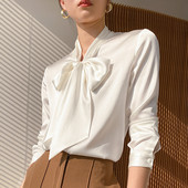 Модерна дамска сатенена риза с панделка и дълъг ръкав