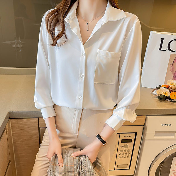 Широка дамска риза с джоб и копчета - за жени