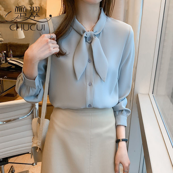 Стилна дамска риза от сатен с панделка на яката