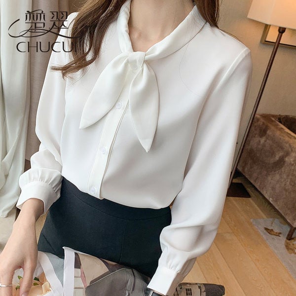 Стилна дамска риза от сатен с панделка на яката