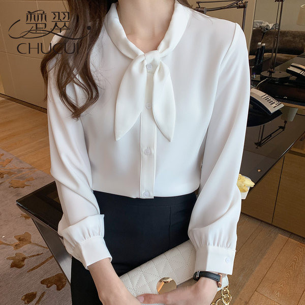 Стилна дамска риза от сатен с панделка на яката