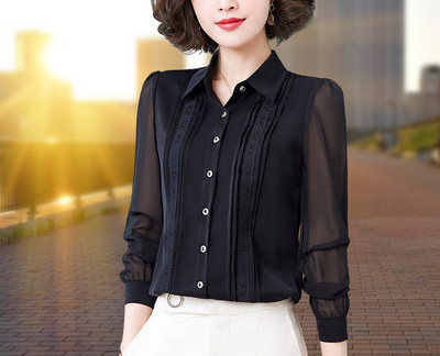 Modern women`s shirt with seal sleeves and classic collar