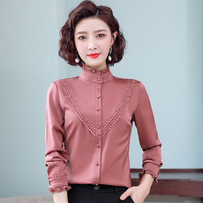 Σατέν γυναικείο πουκάμισο με ημίψηλο γιακά με μπούκλες