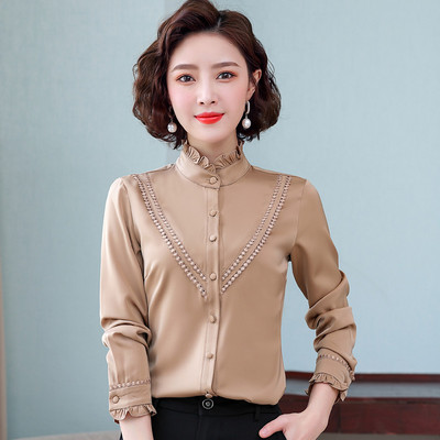 Σατέν γυναικείο πουκάμισο με ημίψηλο γιακά με μπούκλες