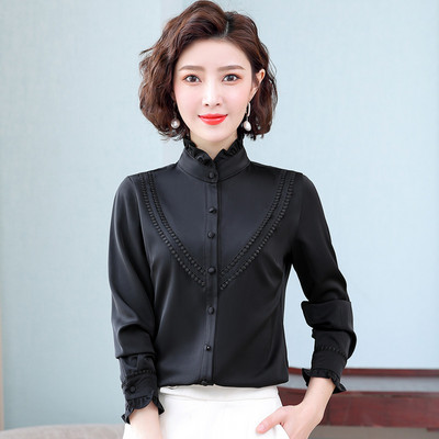 Σατέν γυναικείο πουκάμισο με ημίψηλο γιακά με μπούκλες