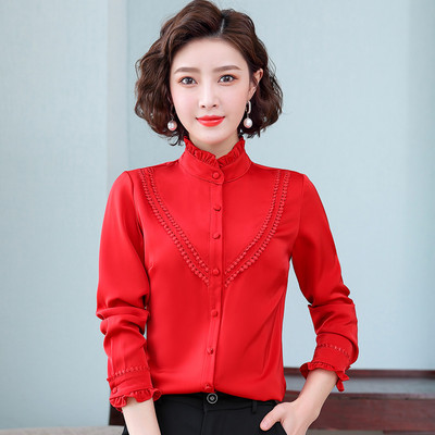 Σατέν γυναικείο πουκάμισο με ημίψηλο γιακά με μπούκλες