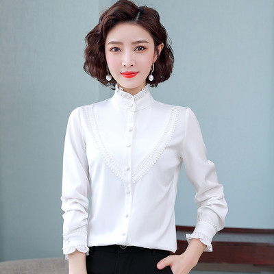 Σατέν γυναικείο πουκάμισο με ημίψηλο γιακά με μπούκλες