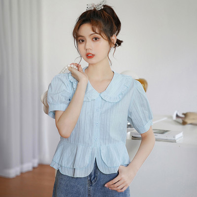 Ανοιξιάτικο γυναικείο πουκάμισο με κοντό μανίκι - μπλε χρώμα